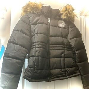 Madden Girl, girls Black Puffer Parka Coat with Faux Fur Trim